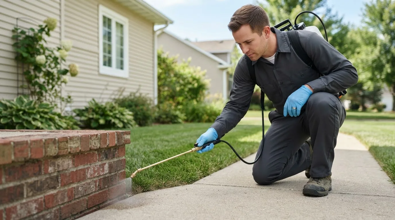 Pest control technician treating a home near Schooleys Mountain, NJ